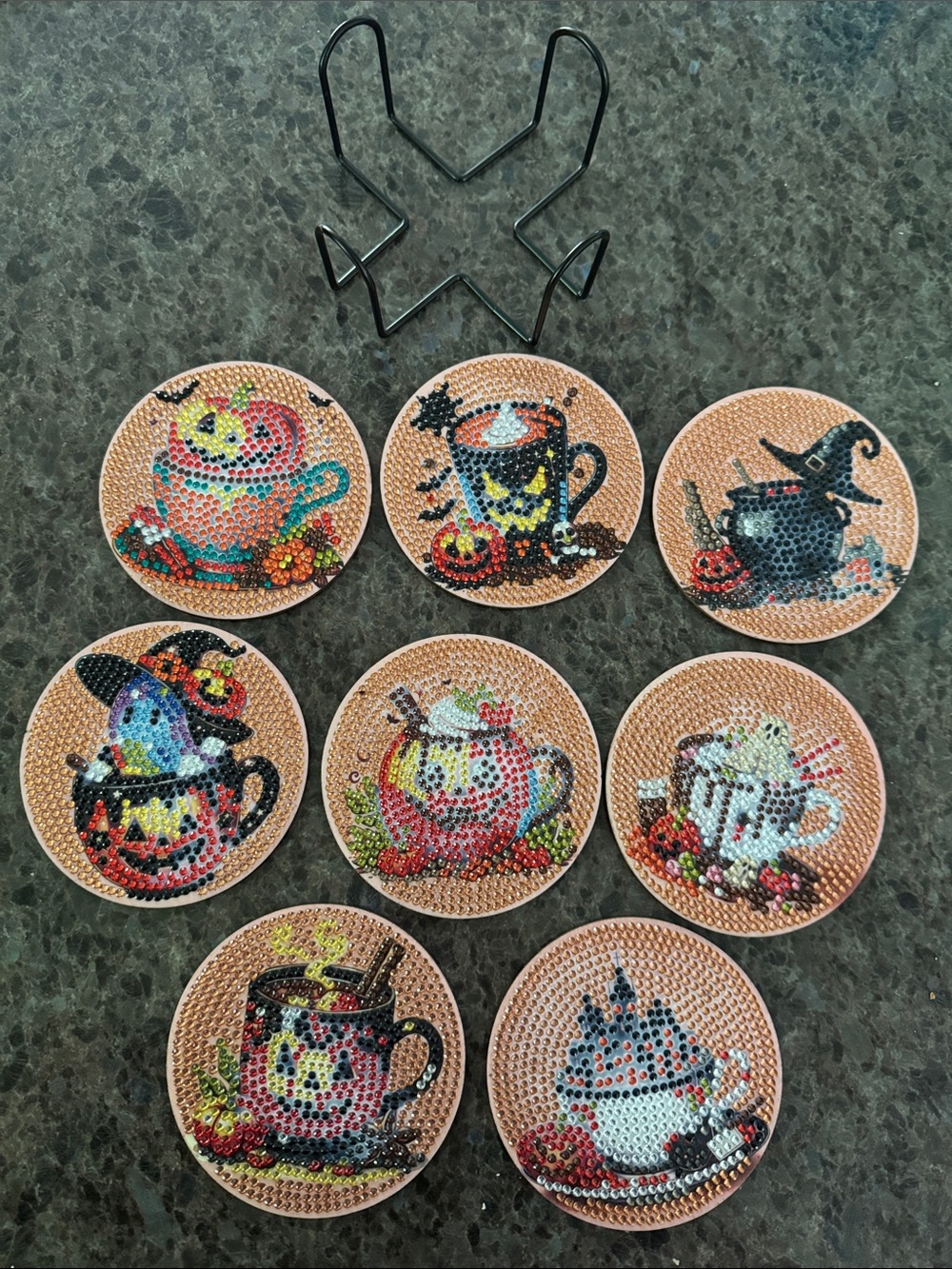 Halloween Mug Coasters Set of 8 - Diamond Art Vibrant Multicolor